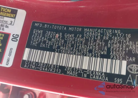 2017 Toyota Corolla Le z USA, uszkodzony, nr VIN 2T1BURHE8HC798315